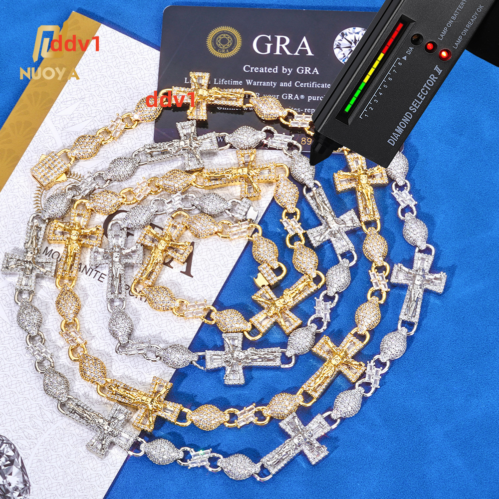 NUOYA 925 Silver Baguette VVS Moissanite Iced Out Hip Hop Necklace Infinity Cross Jesus Cuban Link Chain Fine Jewelry