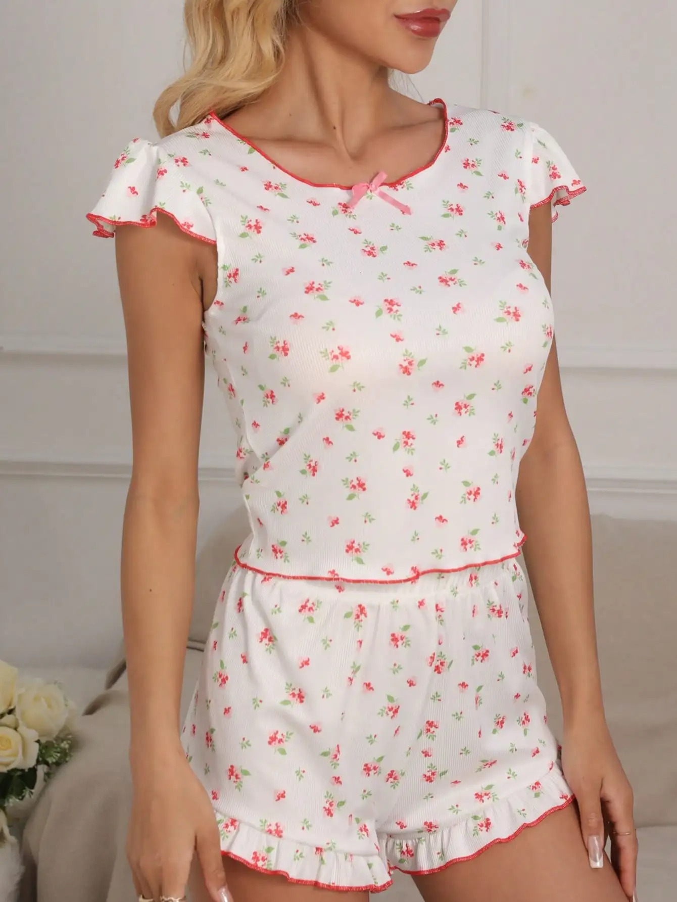 2piece mushroom hem pleated top and shorts womens sleepwear set spring summer home clothing 250409