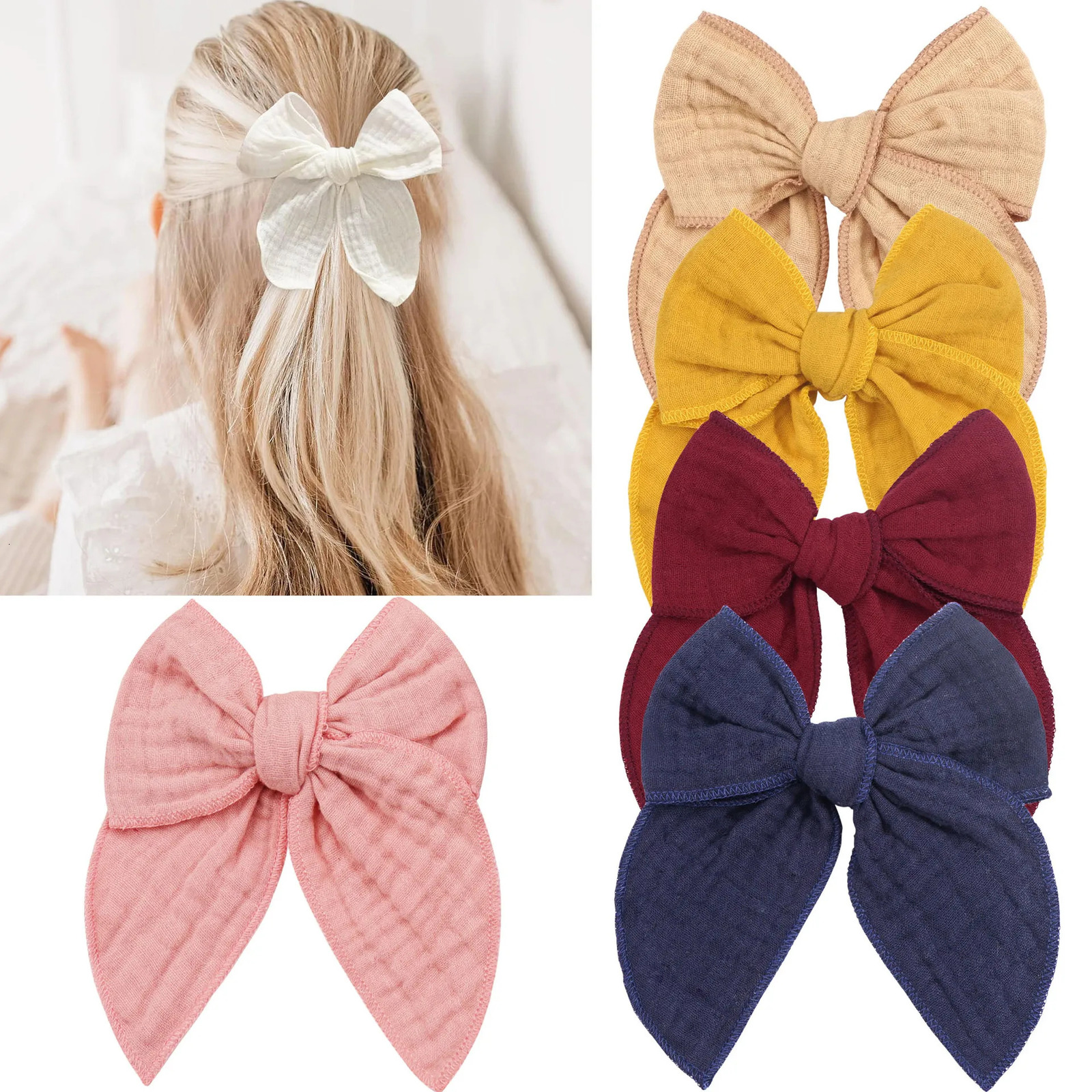 8 pieces/batch 5.0 large 100% organic fine cotton hair bow hair clip baby girl hair clip solid color childrens hair clip 250409