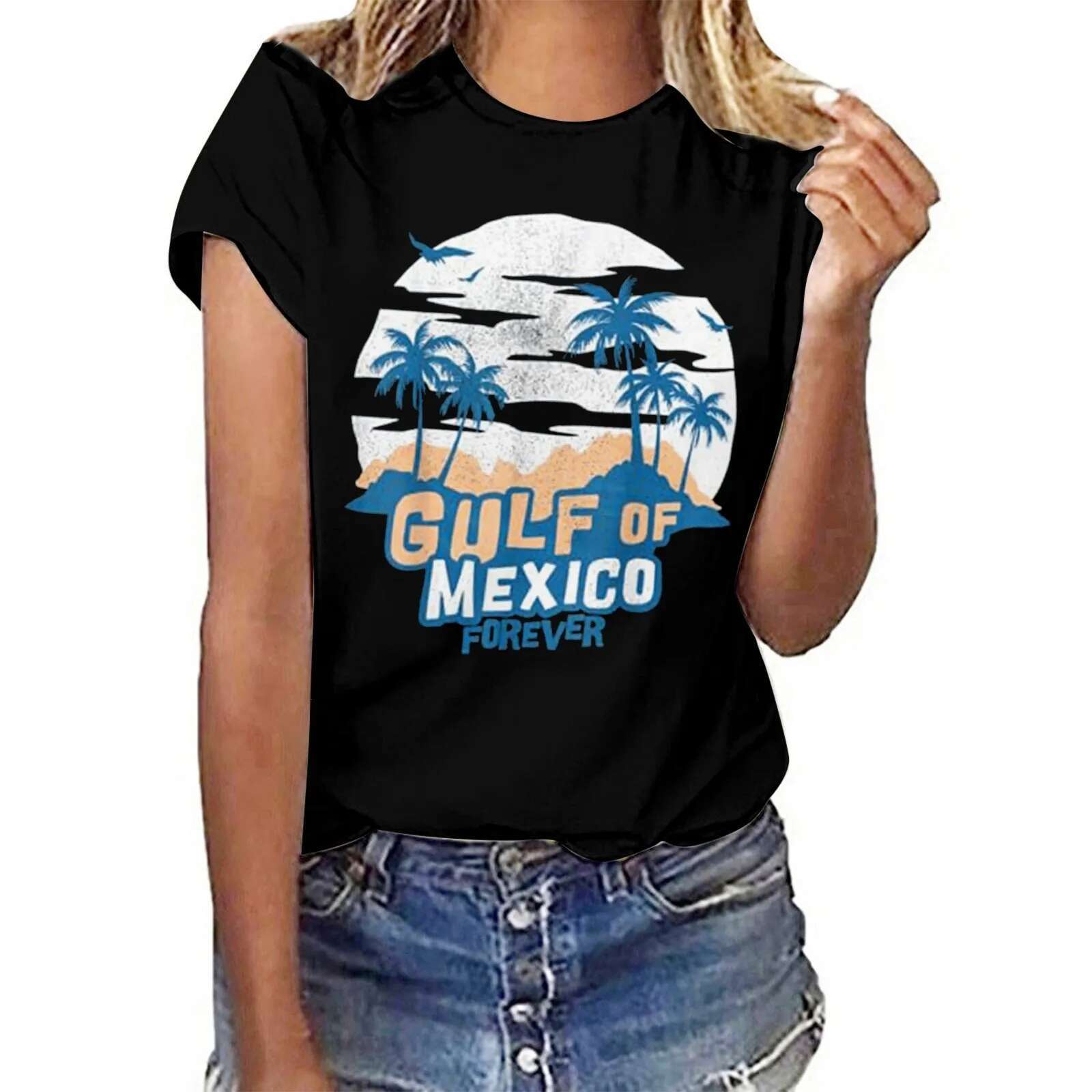 Dongdumaoyi Gulf Of Mexico Forever Tee Shirt For Women Printed T Shirts S Letter Print Round Neck Short Sleeve Top Summer Shirt