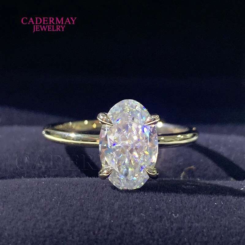 Cadermay Fashion Simple 14K Solid Yellow Gold D VVS Crushed-Ice Oval Shape Moissanite Solitaire Ring Moissanite 14K Ring Women