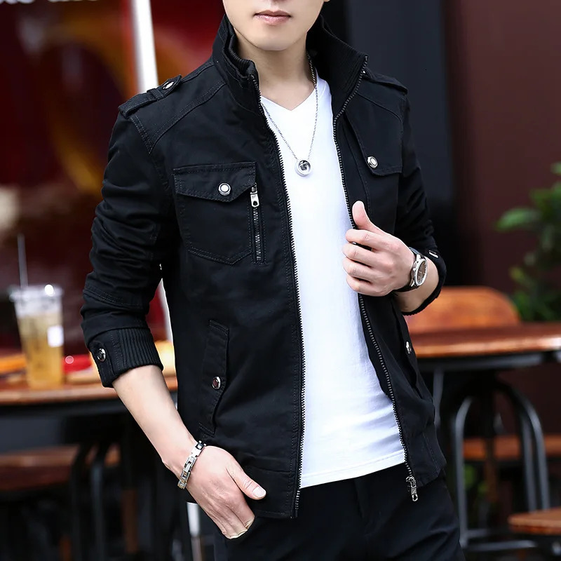 Korean fashion stand up collar denim cargo jacket springsummer mens zipper pocket stitched slim fit 250409