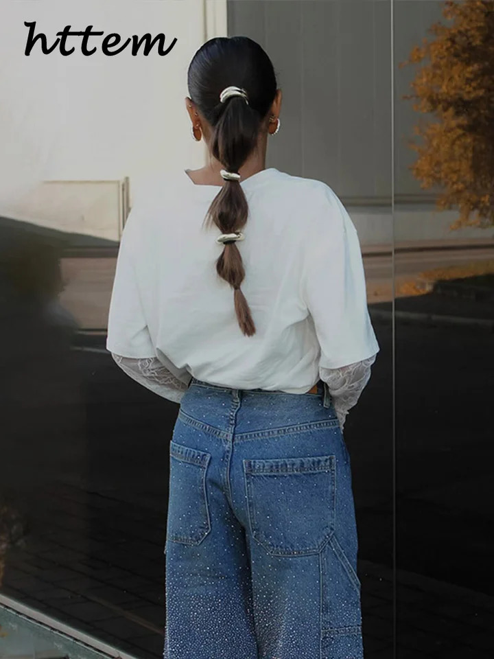 Fashion Womens Rhinestone Jeans Casual High Wait Wide Leg Pockets Denim Pants 2025 Spring Lady Y2k Street Baggy Trousers 250408