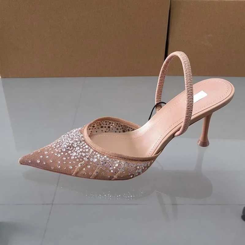 New Arrival Summer 2025 new womens sandals with rhinestones and shiny mesh high heels elegant camisoles point slip party womens shoes T250409
