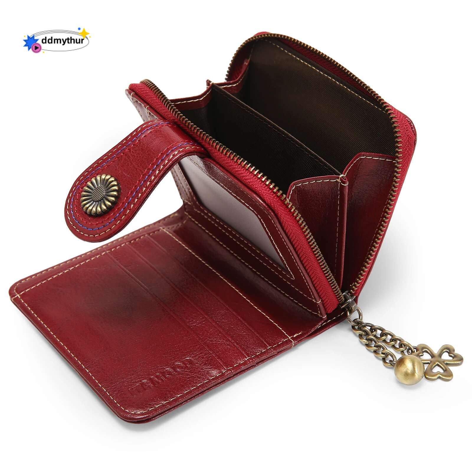 Red Card Holder with Metal Pendent Passport Short Wallet Zipper Around Clutch Purse Vintage Valentine's Day Gift ddmythur