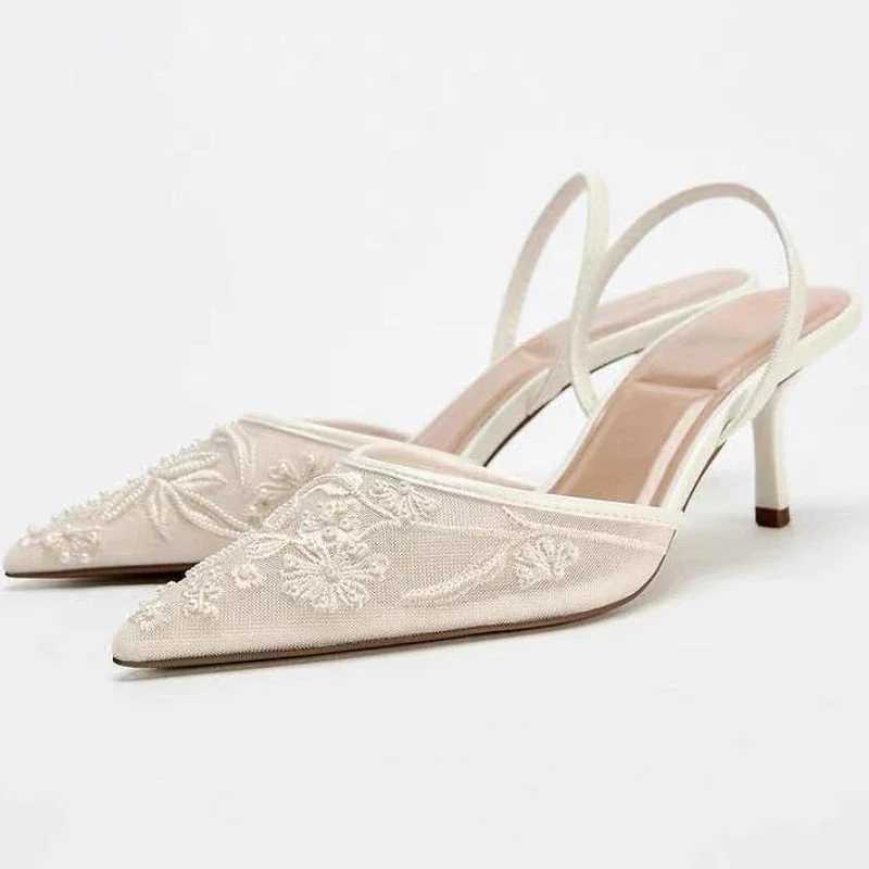 New Arrival Mesh Embroidered Flower Stiletto Sandals for Womens 2025 Summer Sexy Bounce Back Corner Toe Pump Dress Sandalia De Mujer T250409