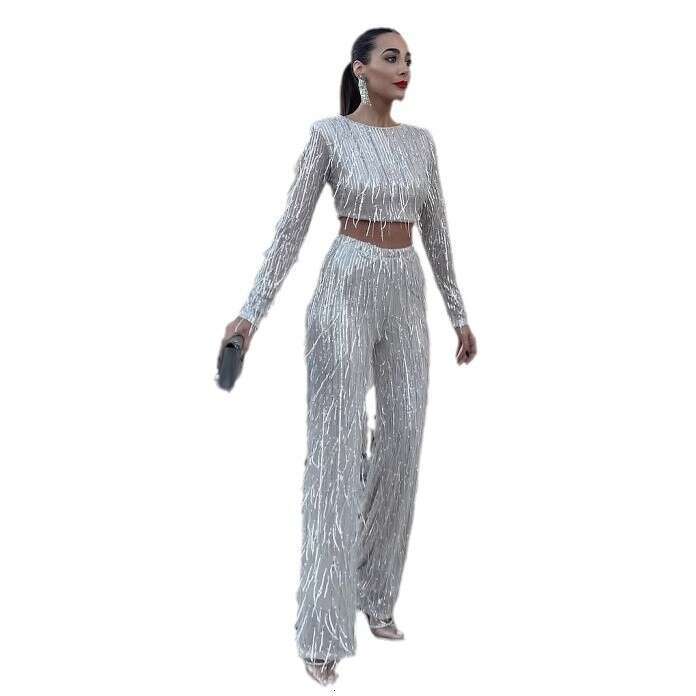 Fashion Women's Sequin Tassel Two - Piece Party Pants Set
