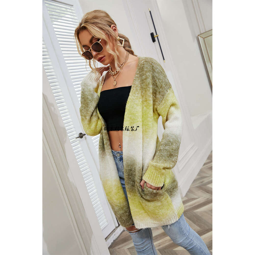 2025 Rainbow Tie-Dye Mid-Length Loose Cardigan women's knitwear Knitted Sweater Coat