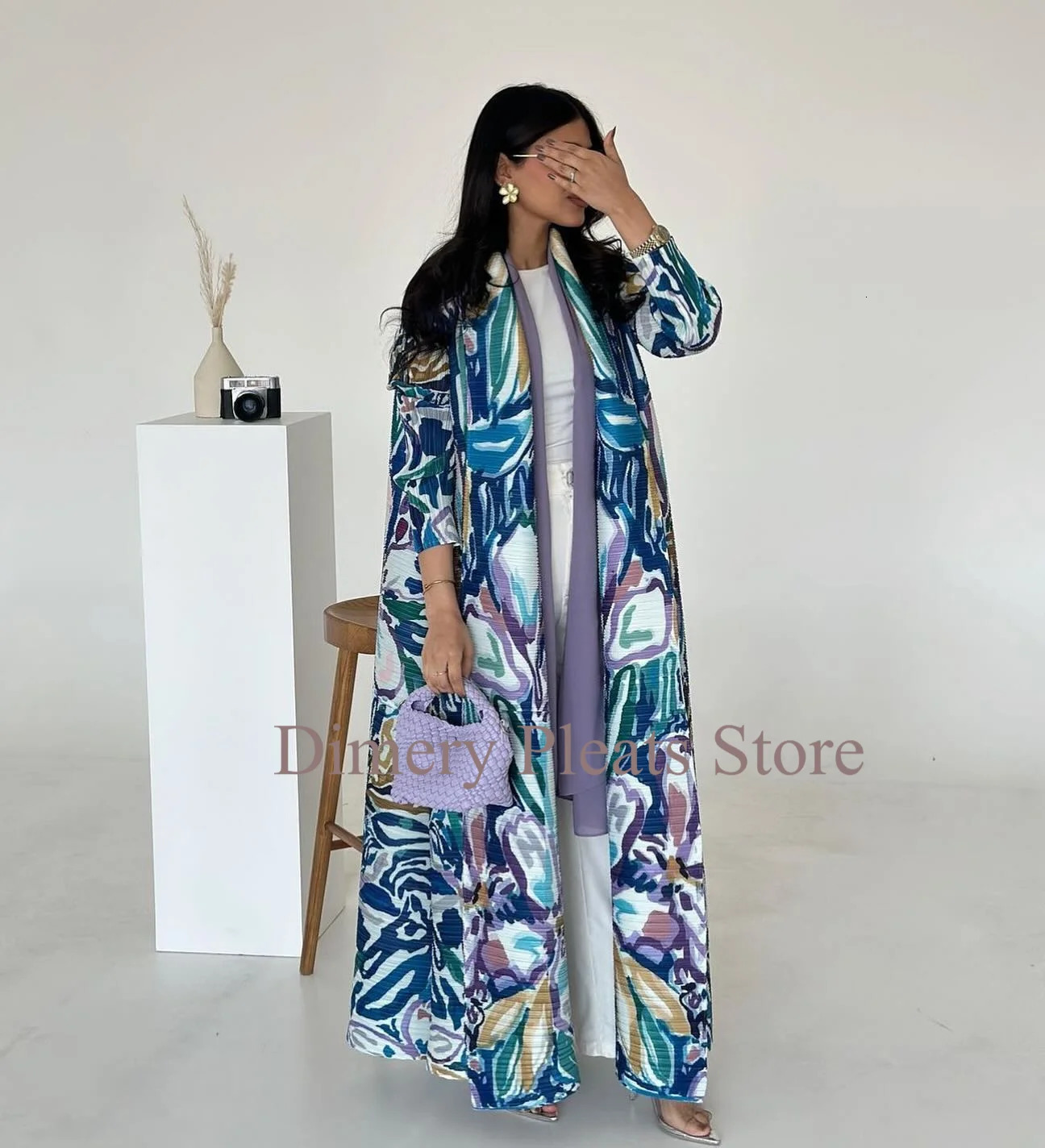 Miyake Fold Retro Printed Collar Long Jacket Female ner Abaya Dubai Fashion Plus Large Coat 250409