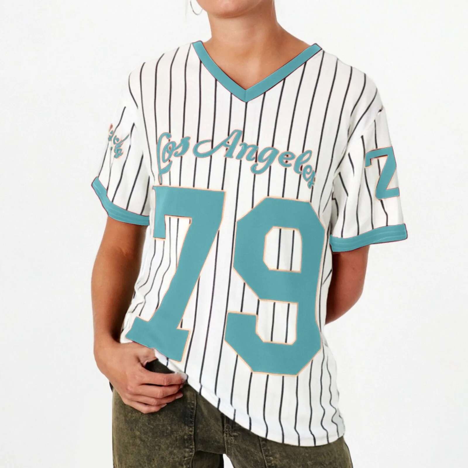 Dongdumaoyi Women S Los Angeles Letter Print V Neck Short Sleeve T Shirt Summer Graphic Tee Baseball Jerseys Oversized Sport Shirt