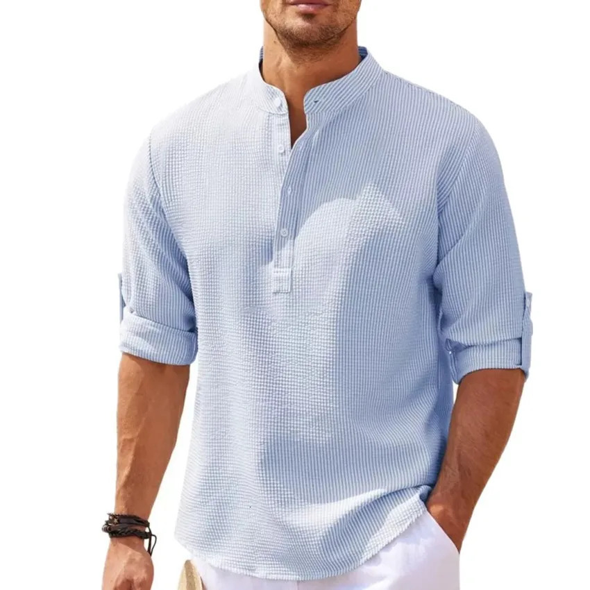 Cotton Linen Mens Long-Sleeved Shirts Spring Autumn Solid Color Stand-Up Collar Casual Beach Style Plus Size S-5XL 250408