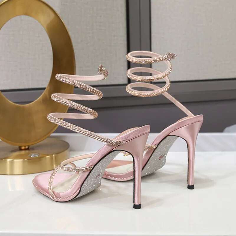 Fashion Summer Snake Twine Around Crystal Women Rhies Thin High heels Gladiator Sandals Party Prom Shoes