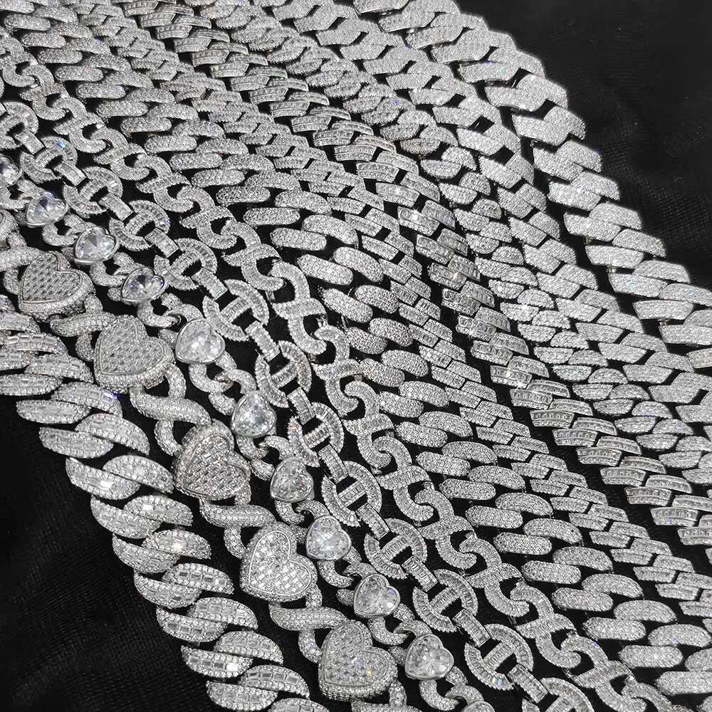 Hip Hop Jewelry 15mm 4 Rows Cuban Chain Necklace White Gold Plated Iced Out Cz Prong Necklace Diamond Cuban Link Chain For Men