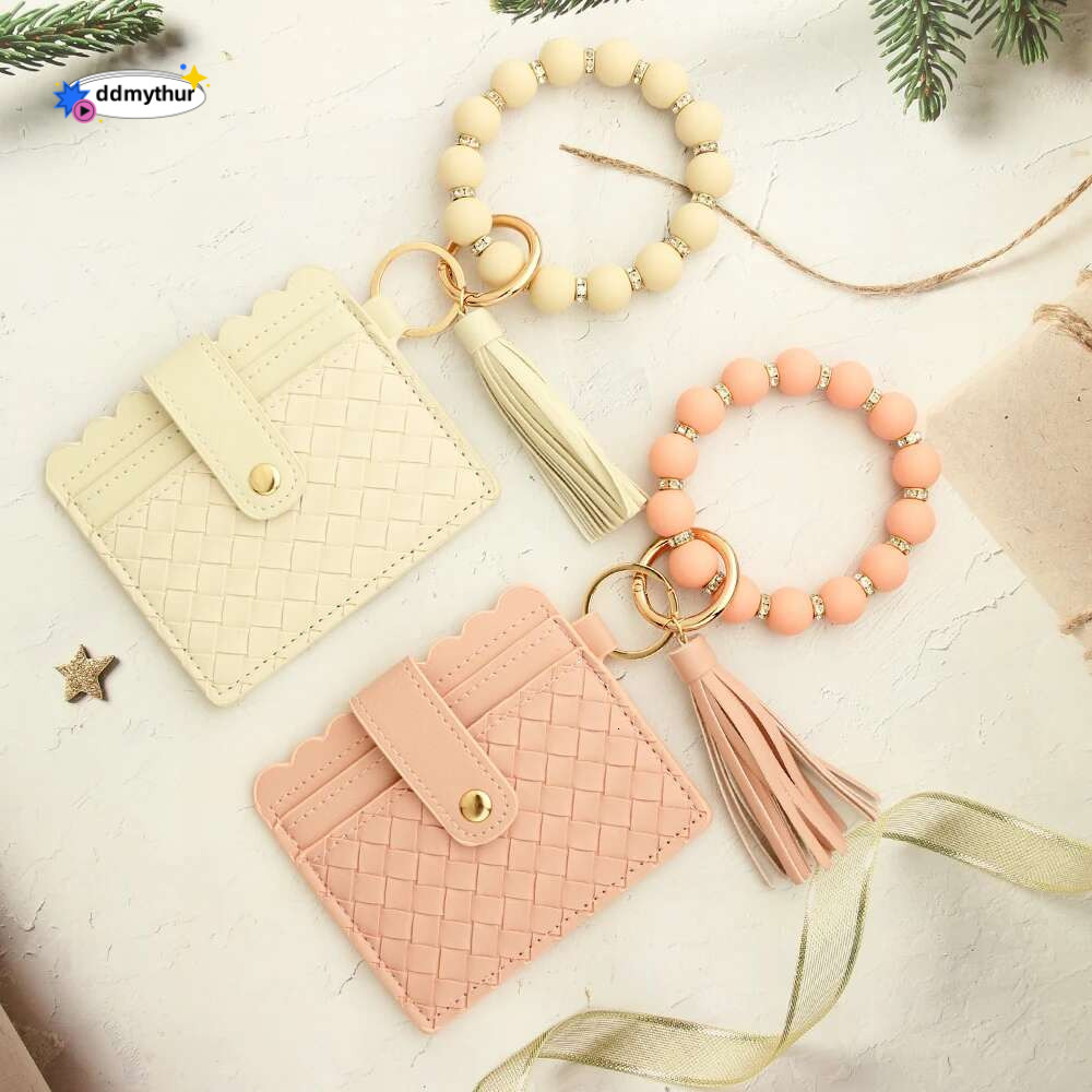 2024 New PU Silicone Beaded Bracelet Keychain Holder Women's Leather Woven Card Bag Zero Wallet ddmythur