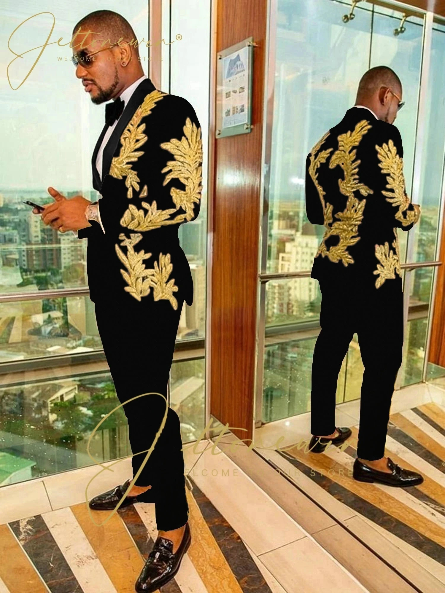 grooms wedding evening gown with gold sequins and black decals ultra-thin mens suit suitable for clothing mens wedding ball set 250408