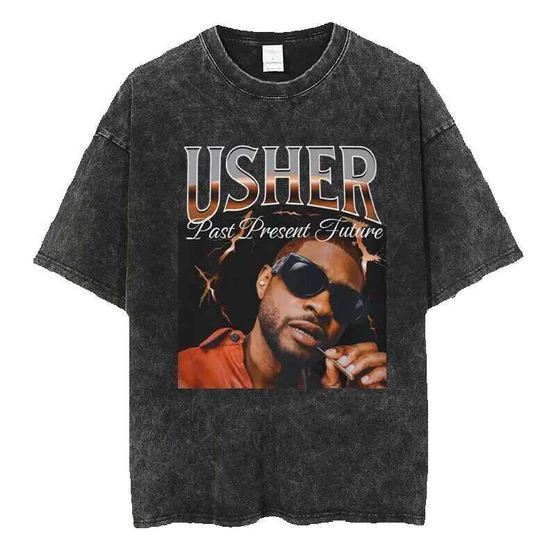 Usher Past, Present, Future 2024 Tour Washed Hip Hop Retro Haruku Men's and Women's Bulk High Quality Cotton Street T-shirt