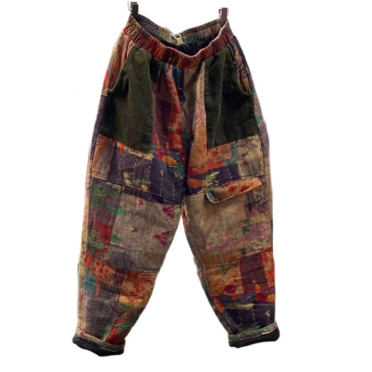Ethnic Style Fashion Patchwork Print Cotton Padded Warm Women Harem Pants Vintage Elastic Waist Multi Pockets All-Match Trousers 250408