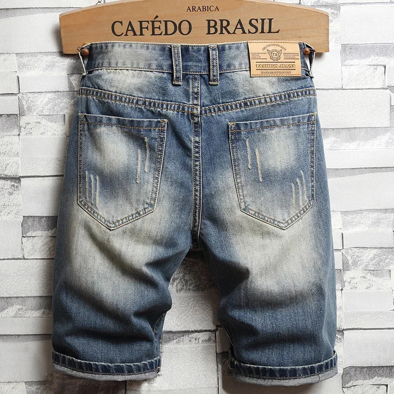 Summer Mens Retro Open Front Shorts Street Clothing Fashion Hole Straight Slimming Denim Pants 250409