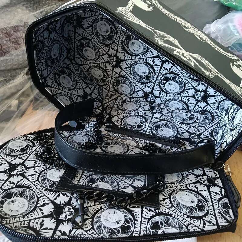 Trend Punk Style Skeleton Coffin Gothic Bat Single Shoulder Black PU Leather Purse Crossbody Bag