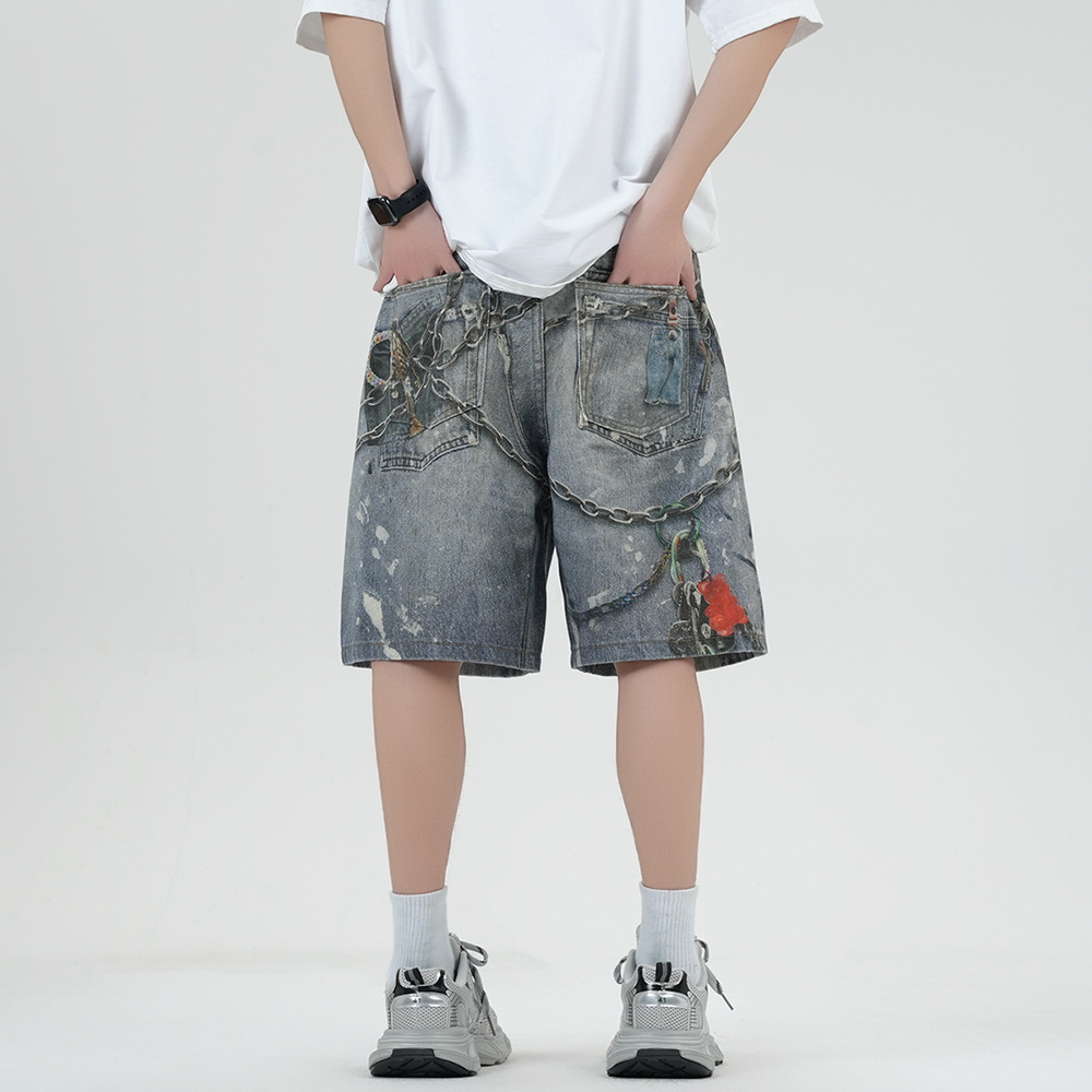 Shorts jeans straight version light color summer daily simple diamond loose and loose niche versatile one-fifth pants 250109