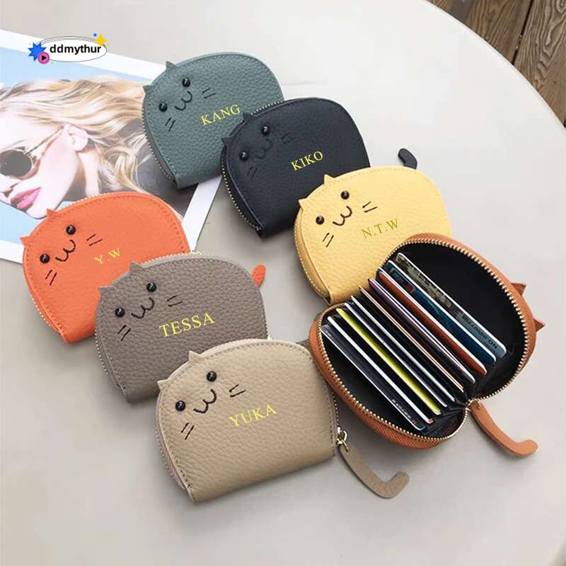 Cute Cat Real Leather Wallet Custom Letters Portable Fashion Korean Style Coin Purse Woman Lovely Casual Card Holder Gift ddmythur