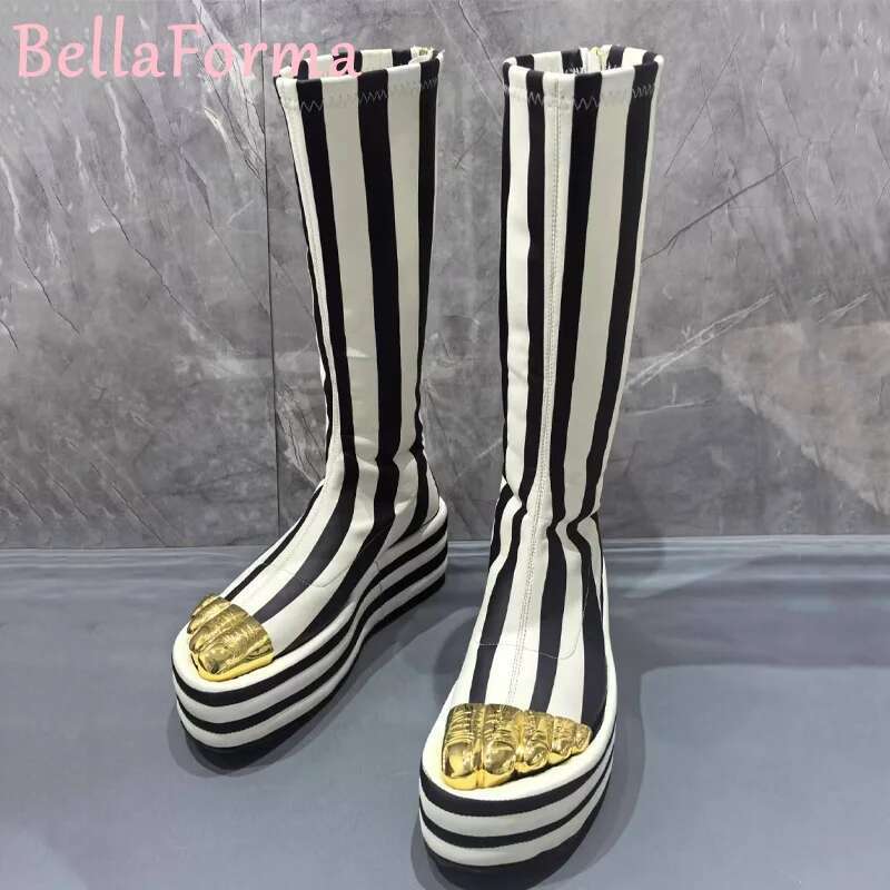 Women's Platform Gold Toe Creative Fashion Boots Striped Sheepskin Thick Sole Waterproof Zipper Ing Elastic Design Trend