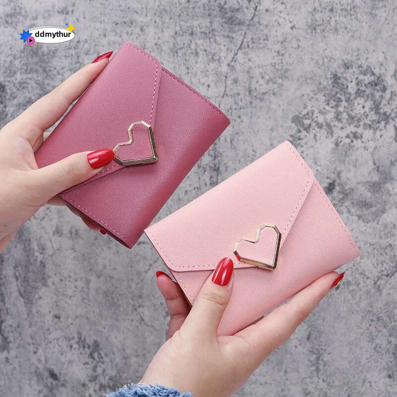 Women Heart Buckle Short Wallet Simple Multifunctional Folding Purse Card Holder Cute Fashion Clutch Girls Money Bag ddmythur