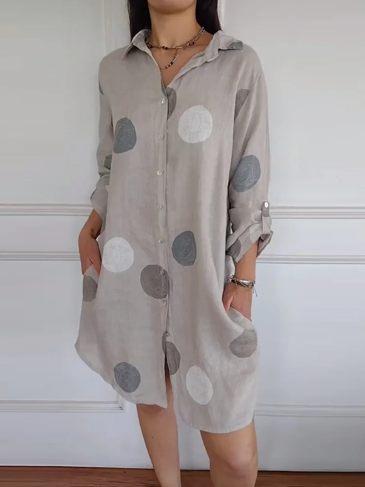 M45Versatile V-Neck Women's Button-Up Shirt Dress - Autumn Collection Printed Design