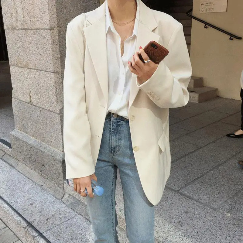 REALEFT Spring and Autumn White Womens Jacket Long Sleeve Single Chest Korean Casual Loose Coat Pocket Womens 250403