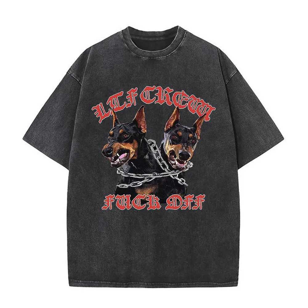 Mens washable T-shirt oversized streetwear hip-hop dog graphic T-shirt vintage Distressed cotton short sleeved T-shirtXJ250409