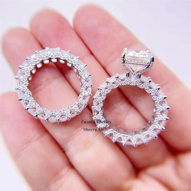 Women Wedding Jewelry 925 Silver White Gold Baguette Cut Ring Band Engagement Ring Set