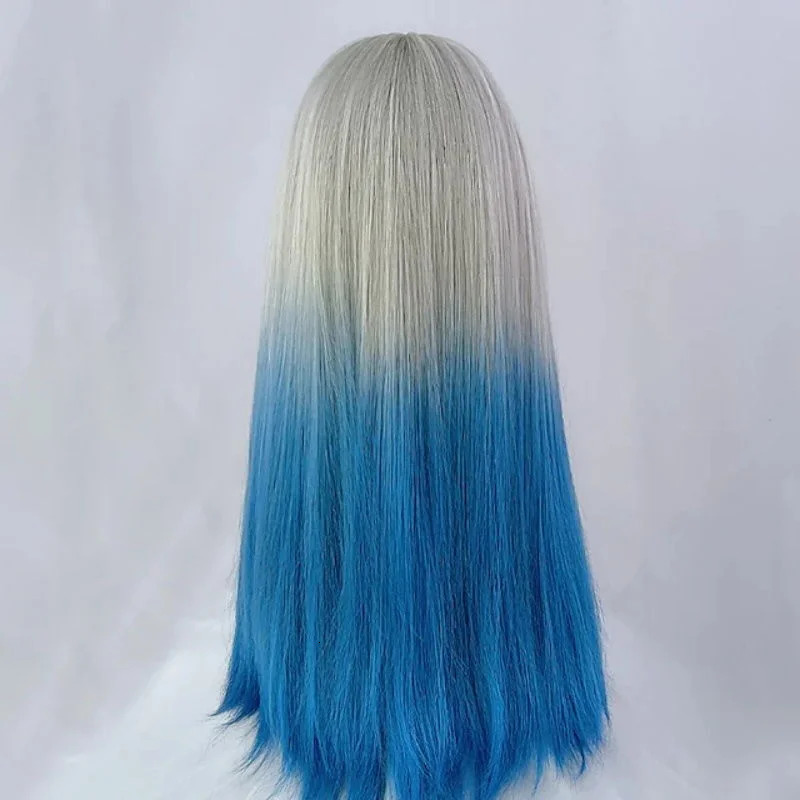 Womens wig color gradient long straight bangs blue synthetic wig 250407
