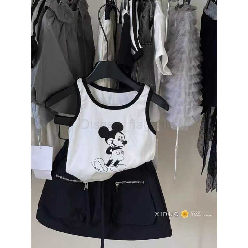 Disney Childrens clothing girls summer set new childrens stylish cartoon Mickey color blocked vest zipper pocket workwear half skirtXJ250409