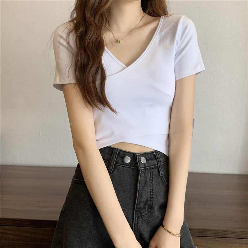 2025S Designer Women S T Shirt Summer New Design Cross Versatile Slim Fit Sleeve T Shirt Korean Short Solid Color Top For Women
