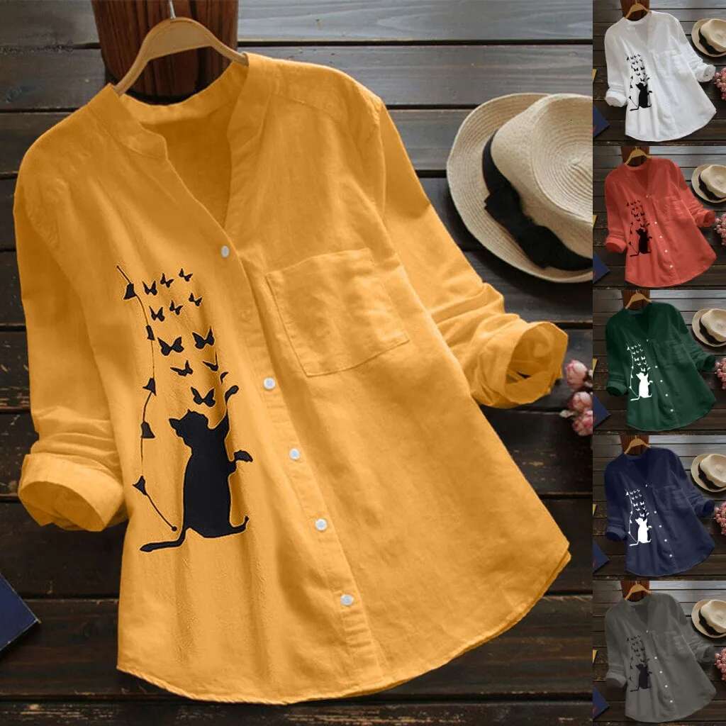 Dongdumaoyi Summer New Women Shirt Cat Printed Cotton Linen Blouse V Neck Casual Long Sleeve Button Down Top Clothes Chemise Femme T Shirt