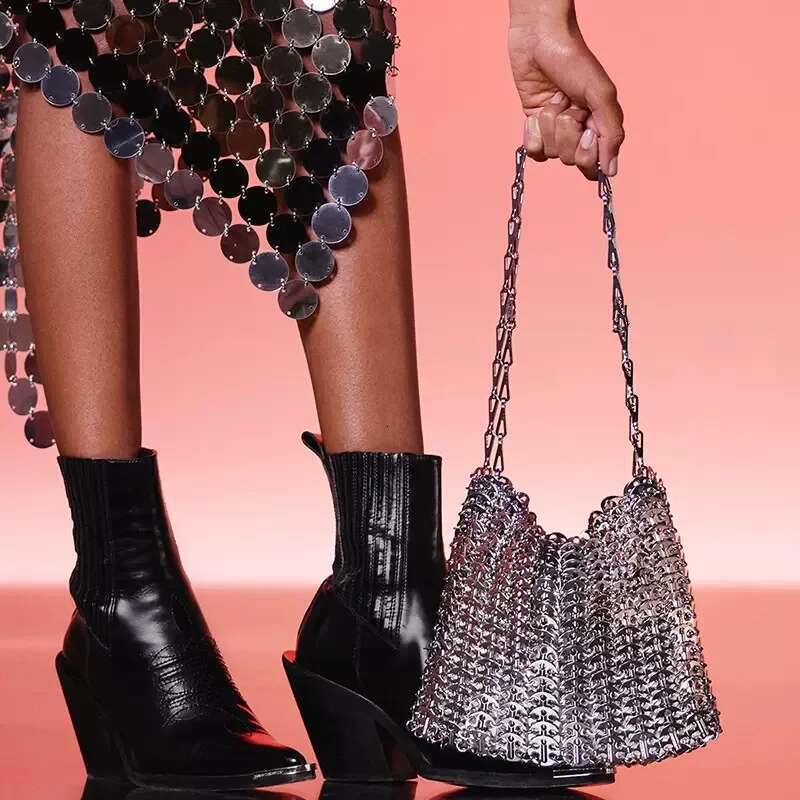 Designer Women's Trend Hand Woven Hollow Metal Chain Tote Clutch Female Travel Holiday Shoulder Bag Handbag