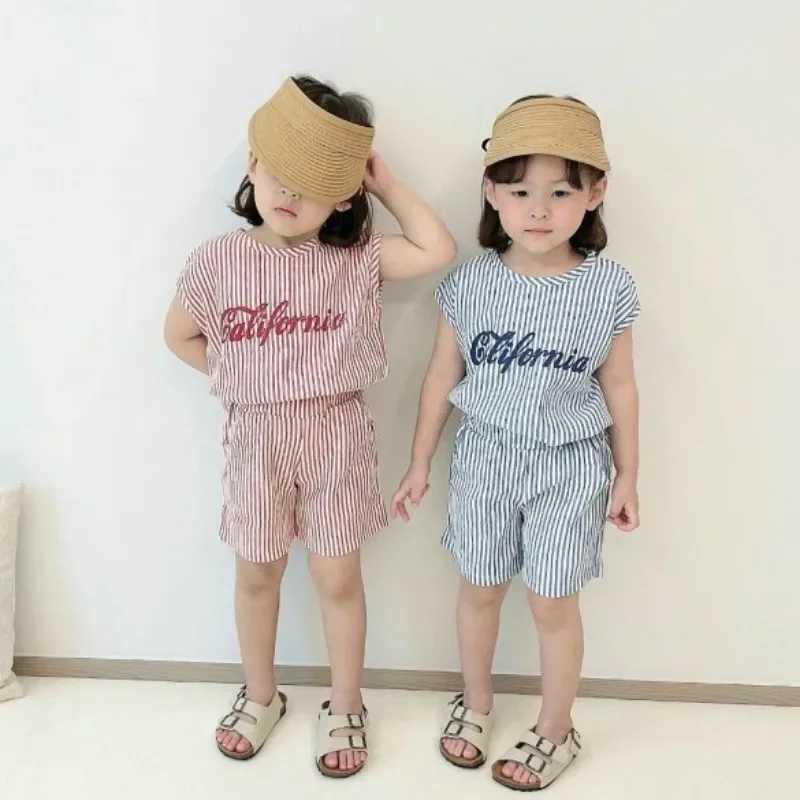 1-6Yrs Baby Boys Striped Summer Track and Field Clothing Childrens Letter Printing Sleeveless Clothing Set Baby 2PCS Korean Summer Fashion Set S2548