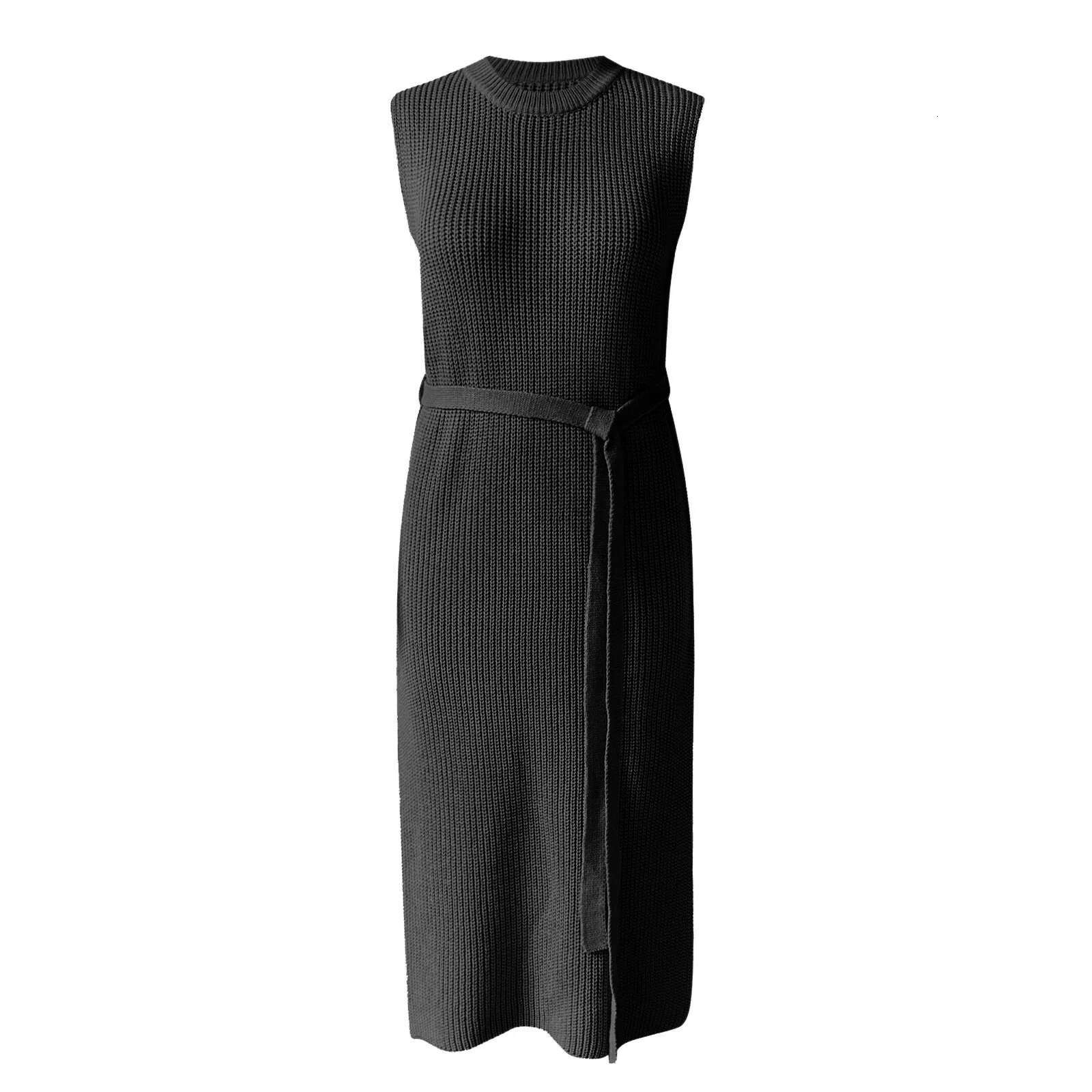 Dongdumaoyi Women Dress Knitted Tank Top Long Round Collar Solid Sleeveless Pleasantly Slim Fit Drawstring Pleated Dresses