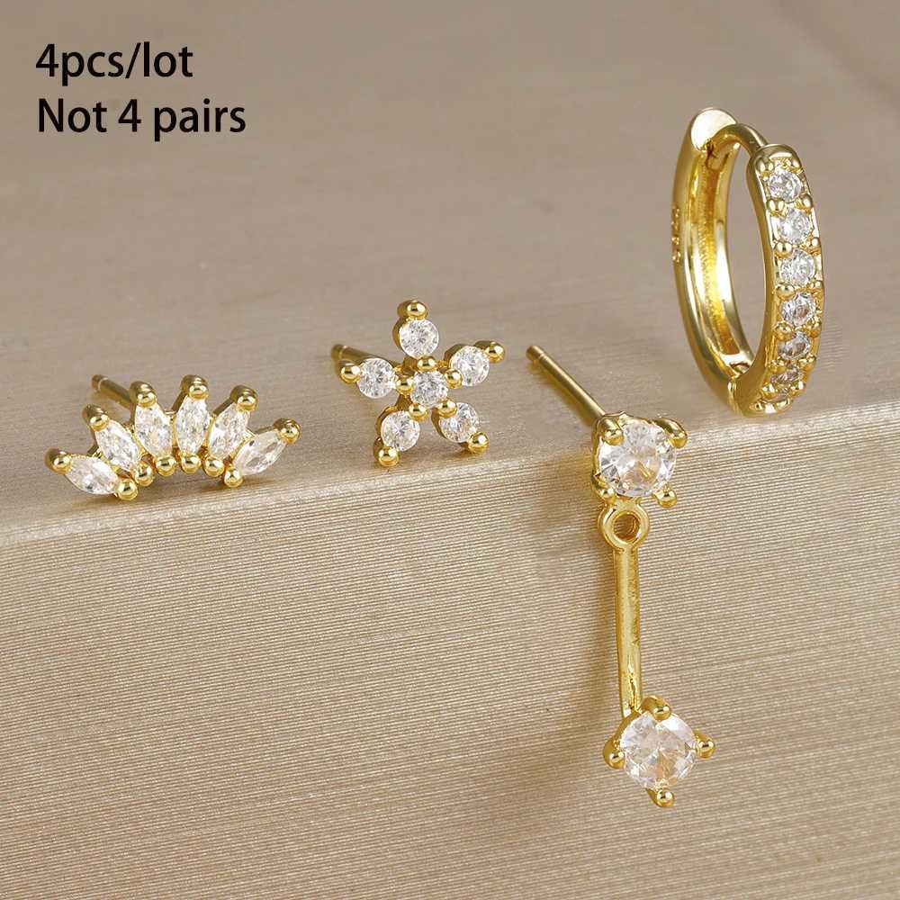 4PCS Stainless Steel Circle Huggie Hoop Earrings Set for Women Gold Color Unique Zircon Flower Stud Earring Piercing Jewelry Z250408