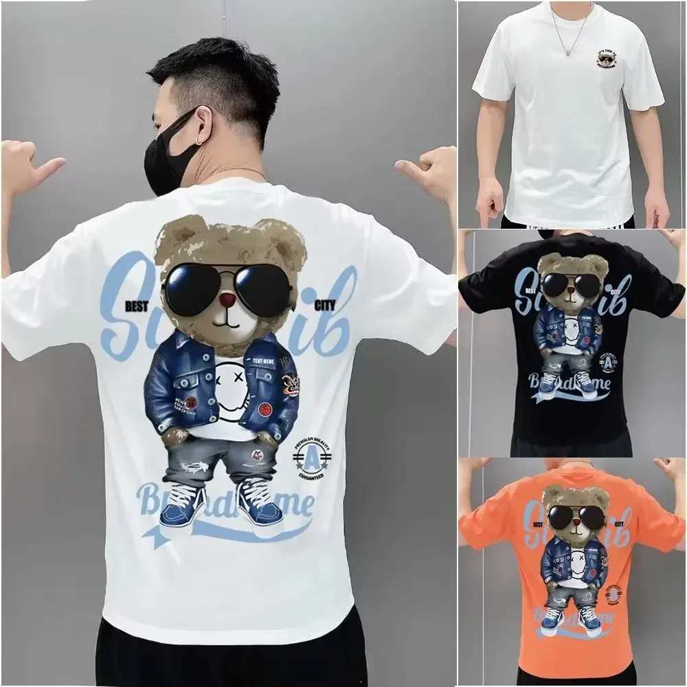 Summer mens cotton T-shirt Korean mens cool bear short sleeved top high-quality white T-shirt O-neck T-shirt mens clothingXJ250409