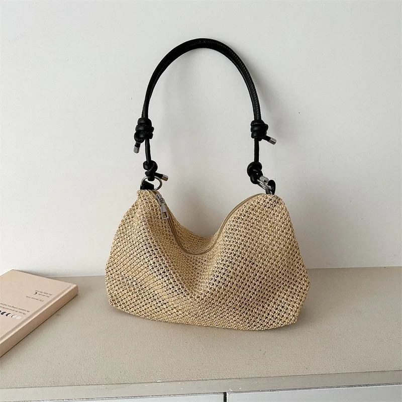 Knitted patchwork bag casual shoulder beach handbag 250408