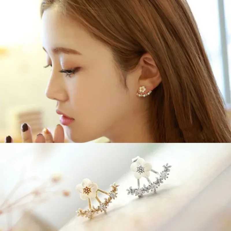 Womens Flower Earrings Zircon Ear Jacket Korean Style Copper Ear Studs Earrings Orecchini Jewelry Pendientes Aretes De Mujer Z250408
