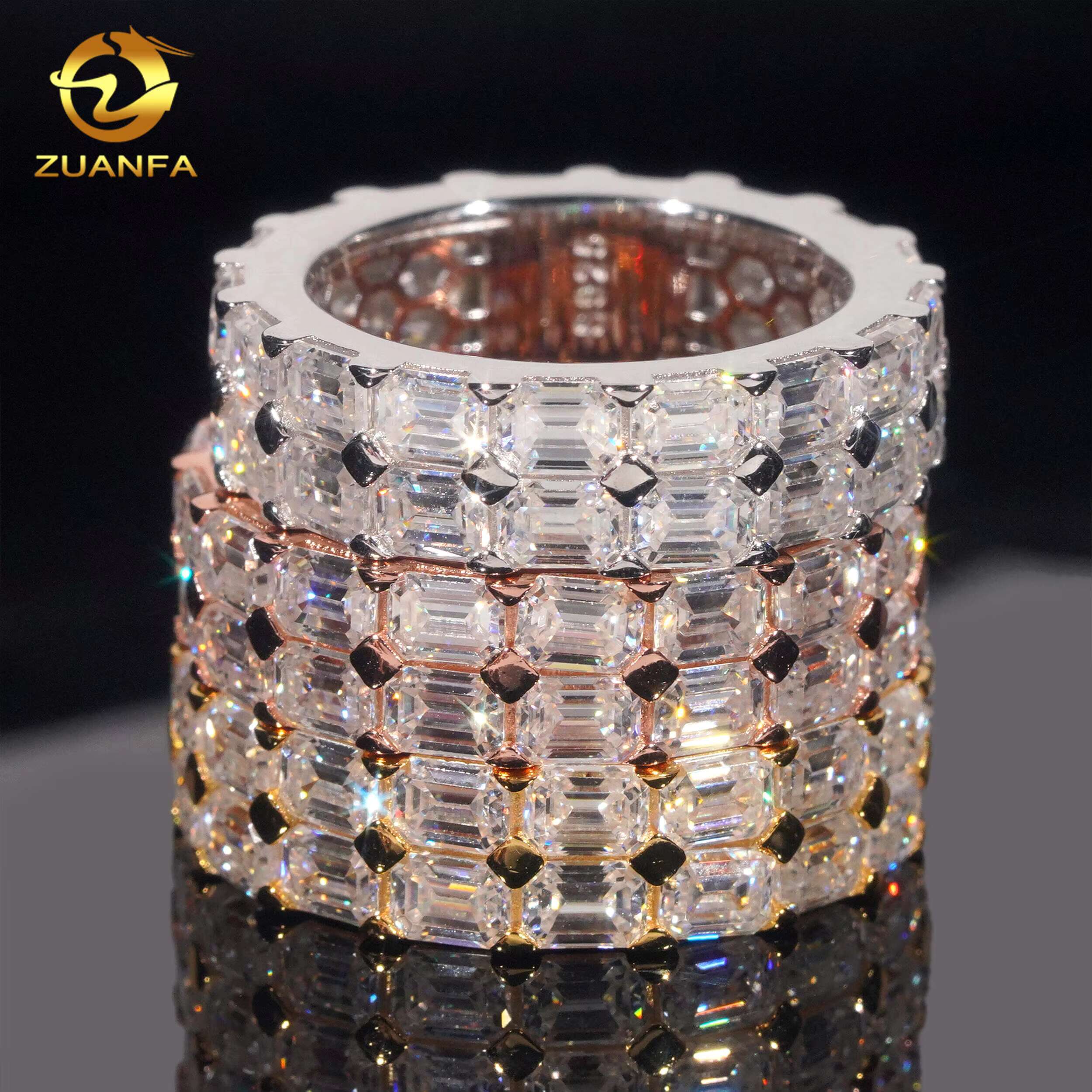 Hip Hop Ring Two Row Baguette Moissanite S925 Prong Setting Hip Hop Jewelry Rapper Ring Factory Price Iced Out Ring for Man
