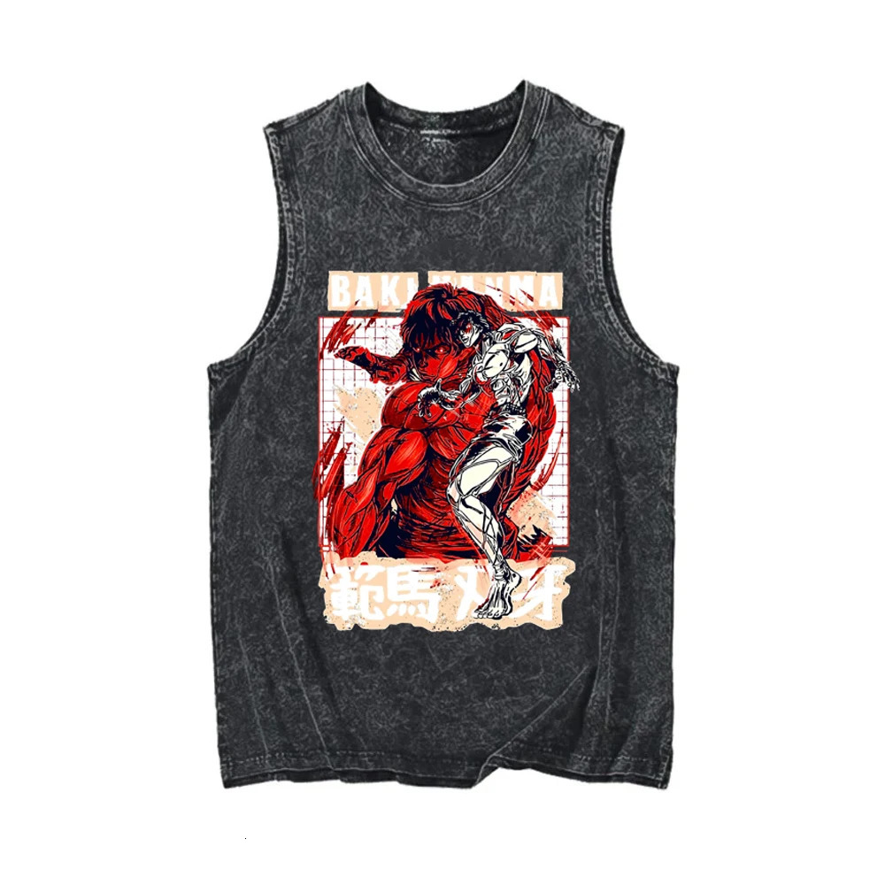 Baki Hanma Anime Graphic Print Vest for Men Gym Tank Tops Vintage Retro Washed Cotton Tees Summer Casual Black Sleeveless Tops 250408