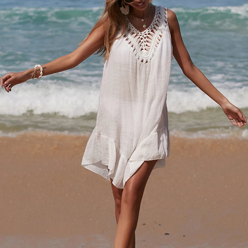Womens Vneck backless hollow short crochet spliced black fungus dress with colorful ball beach swimsuit cover 250409