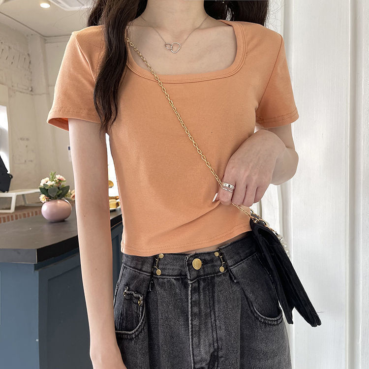 2025S Designer Women S T Shirt Summer T Shirt Women S Solid Color New High Waisted Slim Fit Spicy Girl Versatile Short Sleeved Square Neck Top Trend