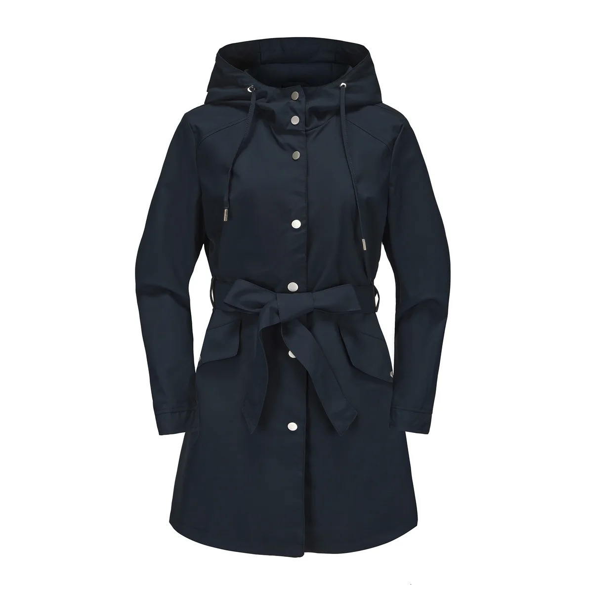 Spring and autumn hooded waterproof jacket with thin waistband casual loose trench coat womens windproof 250409