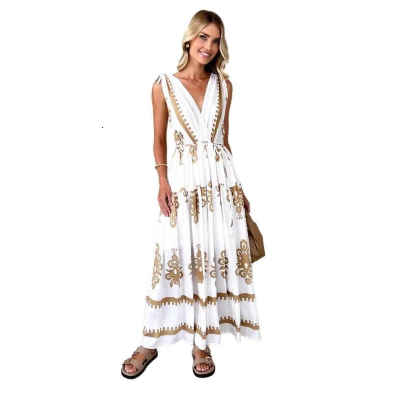 Summer fashion printed womens long skirt elegant sleeveless Vneck waist lace loose dress clothing 250409