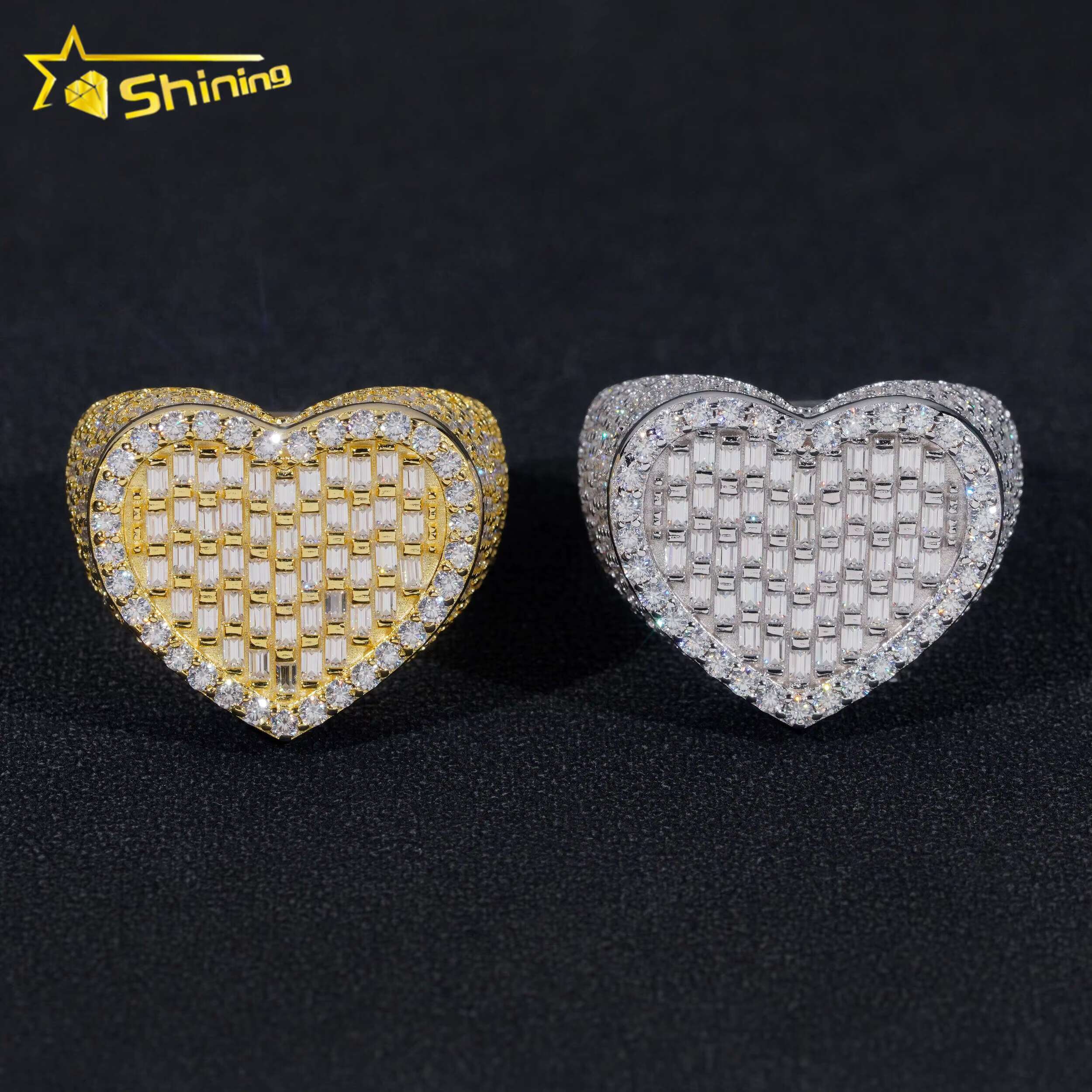 Hip Hop Jewelry Luxury Baguette Diamond Heart Iced Out Moissanite 925 Sterling Silver Ring for Men