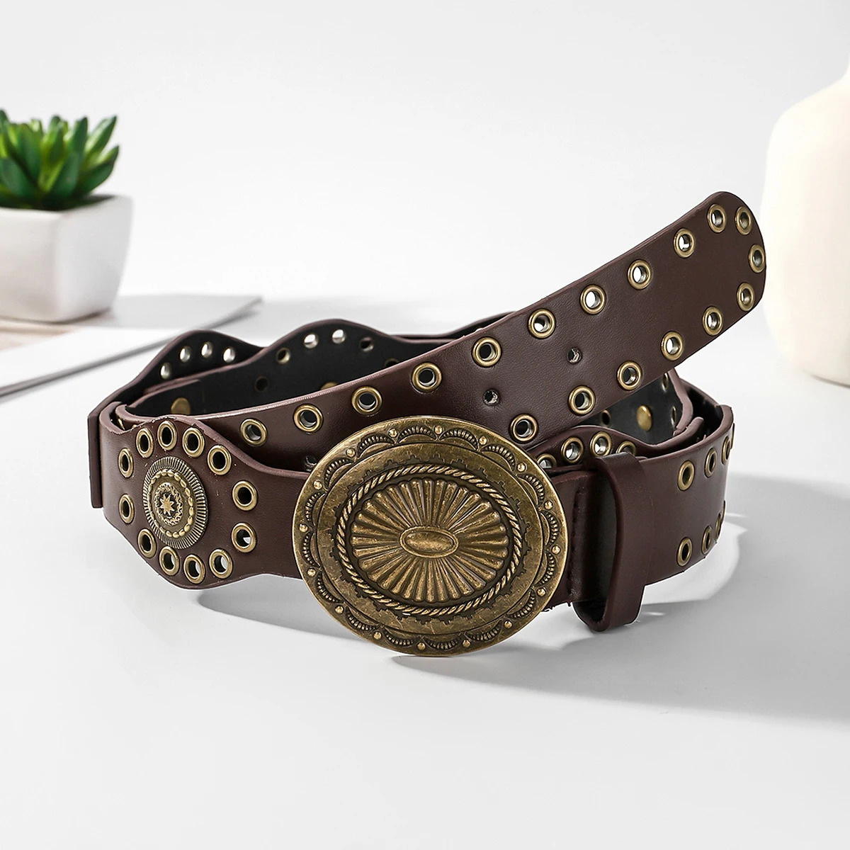 European and American retro buckle fashionable eyelet PU splicing characteristic waist belt 250409